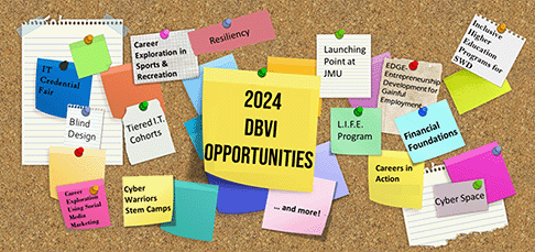 A cork board with post-it notes on it with the largest post-it note entitled: 2024 DVBI Opportunities